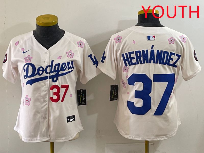 Youth Los Angeles Dodgers #37 Hernandez Cream Sakura Edition 2025 Nike MLB Jersey style 33->youth mlb jersey->Youth Jersey